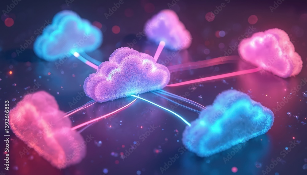 Fototapete Abstract tech illustration of cloud computing concept. Data sharing across multiple cloud servers. Connection, network of digital cloud icons connected, global information storage access.