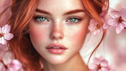Fototapeta premium Portrait of a beautiful redhead woman surrounded by delicate pink cherry blossoms, a stunning visual representation of spring's gentle beauty and feminine grace.