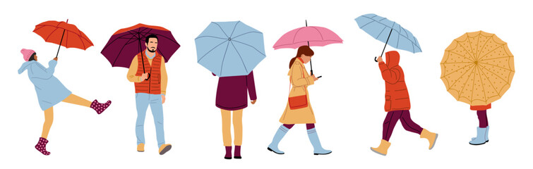 People walking with umbrellas in rainy weather. Men, women set holding parasols front, side, rear view. Flat vector illustration isolated
