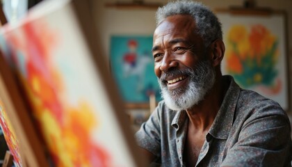 Cheerful elderly Black man paints in art studio. Senior male enjoys creative self-expression in painting class. Man smiles happy, develops skills, engages in artistic hobbies, learns at community