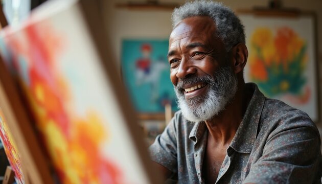 Cheerful elderly Black man paints in art studio. Senior male enjoys creative self-expression in painting class. Man smiles happy, develops skills, engages in artistic hobbies, learns at community