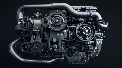 Fototapeta premium A car engine on a black background in black and grey colors, product photography, Generative AI illustrations.