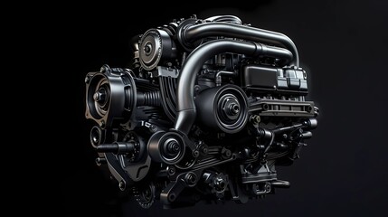 A car engine on a black background in black and grey colors, product photography,  Generative AI illustrations.