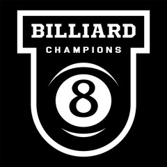 Billiard logo. Black ball color with the number eight. 8. Pool game. Snooker.