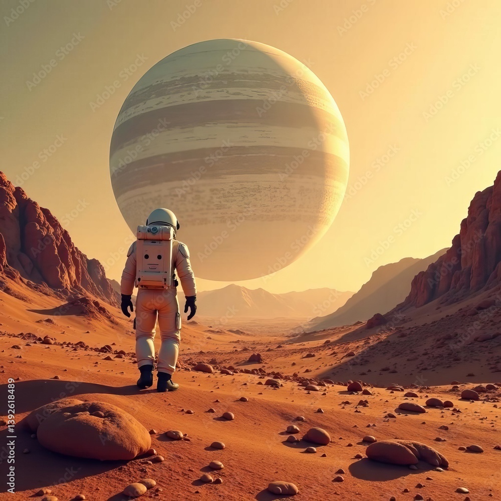 Poster a man in a space suit is standing in a desert