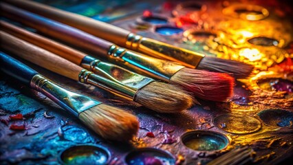 Fototapeta premium Intriguing Still Life Artistic Paintbrushes and Palette in LowLight Evoking a Sense of Mystery and Creativity