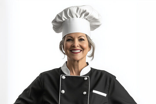 A professional photo of senior female chef smiling and looking at the camera, wearing her uniform against a white background. 
