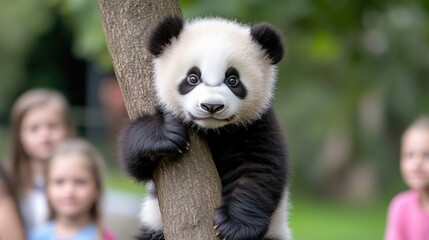 Obraz premium Panda cub in a tree, kids watching