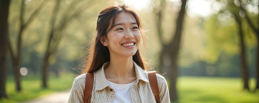 Young happy asian woman walks, smiles in park. Brunette girl enjoys day, looks around. She wears casual attire, backpack, has beautiful smile, long hair. Spring nature, sunny day, wellbeing concept.
