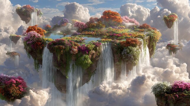 Floating Islands: A vibrant landscape of levitating islands adorned with flourishing trees, cascading waterfalls, and a serene lake, floats amidst a sea of clouds.