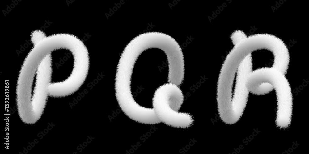 Fototapete fluffy font p, q, r, bubble typescript text. furry pompon 3d typography. hairy vector capital script