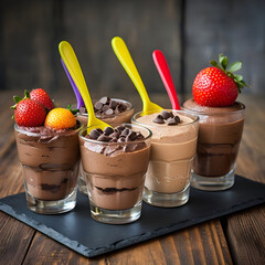 strawberry and chocolate mousse, Four Chocolate Desserts In Shot Glasses On Slate Tray