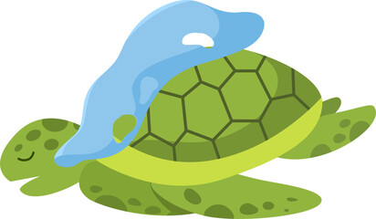 Sea Turtle Entangled in Plastic Bag, Ocean Pollution Illustration