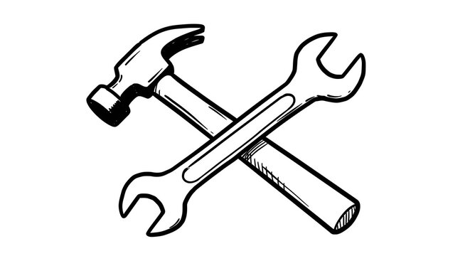 Crossed hammer and wrench in black and white line art illustration.