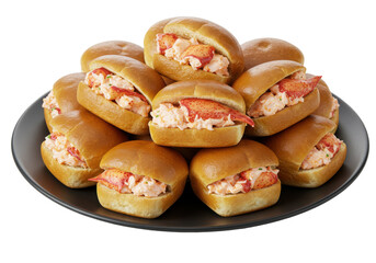 A delicious stack of lobster rolls on a black plate, showcasing fresh seafood