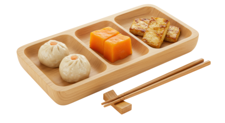 Isolated Wooden Tray with Asian Dumplings Tofu and Chopsticks