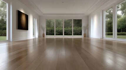 Fototapeta premium Empty, modern living room with large windows overlooking a garden. A smooth light-colored hardwood floor dominates the space. A minimalist, abstract painting hangs on the wall