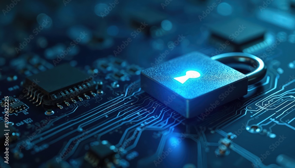 Fototapete electronic circuit board with illuminated lock. cyber security, data protection, business privacy co