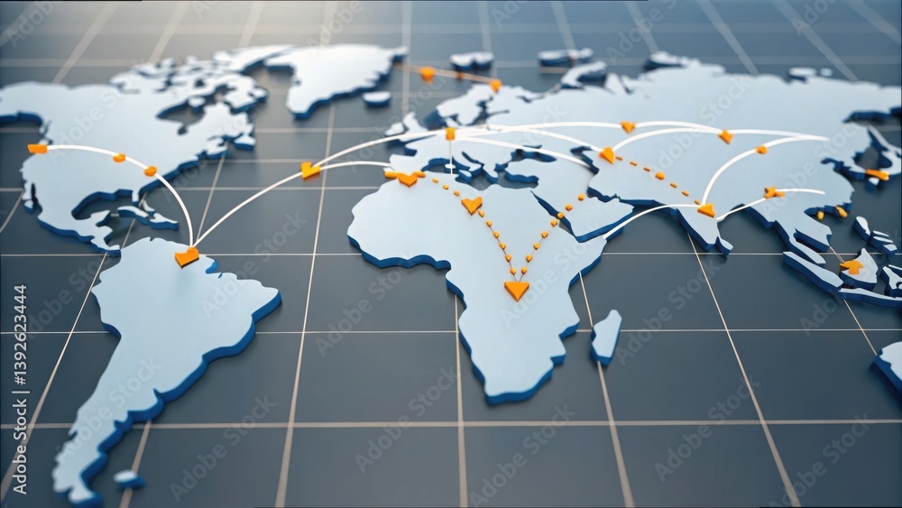 Poster abstract map with arrows connecting countries and regions worldwide