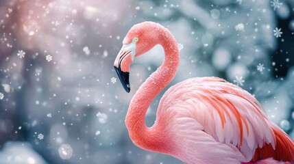 Obraz premium Beautiful pink flamingo in pastel colors on a blurred background of spring nature