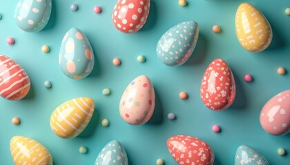 Colorful Easter eggs on pastel blue background. Decorative pattern, creative design. 3d rendering. Holiday symbols for greeting cards, posters, web banners. Perfect for spring celebrations, kids