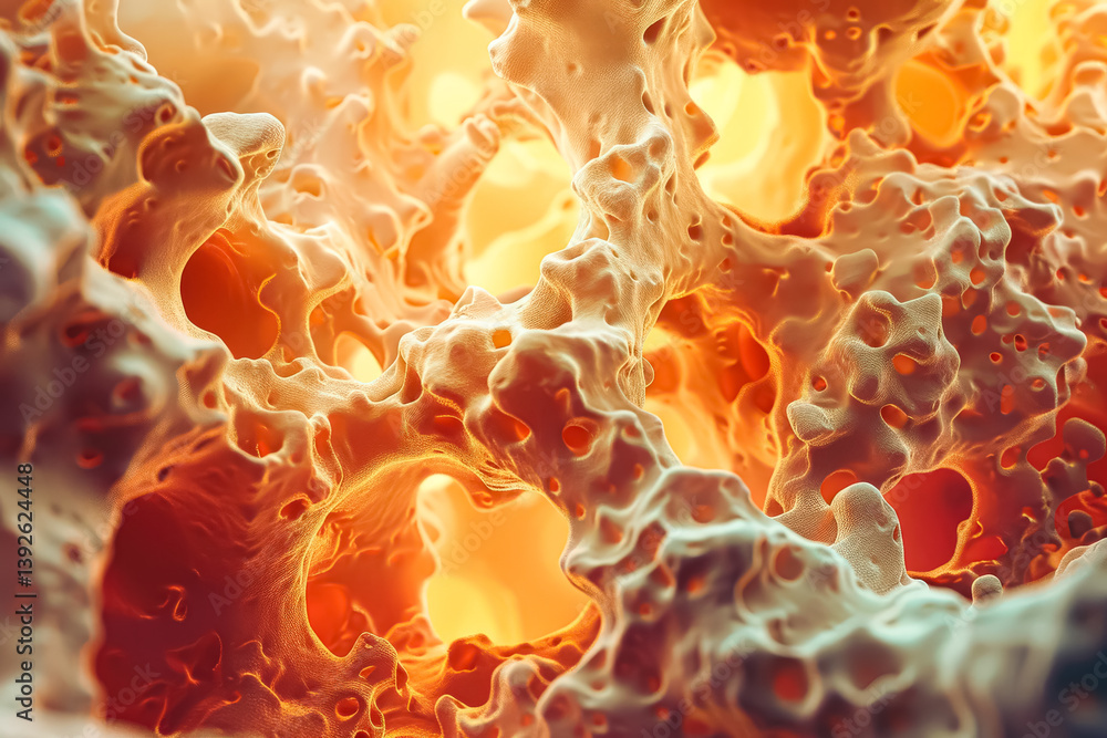 Poster the image is a close up of a white and orange object with many holes