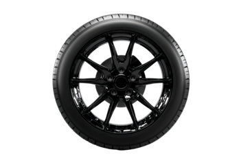 Black alloy wheel with modern design isolated on transparent background