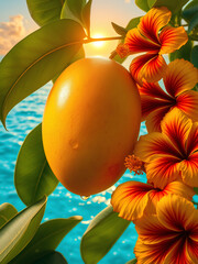 tropical fruit on the beach mango with flower bush
