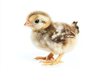 a small chicken standing on a white surface