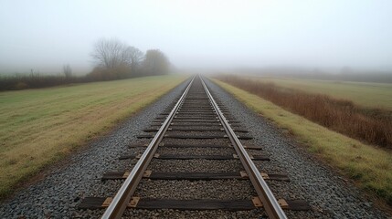 Fototapeta premium Foggy Railroad Tracks Through Fields