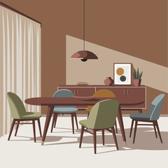 Dining room with A table with chairs and a lamp hanging above it. The chairs are of different colors. The table is wooden and the room decorated in mid century modern style. Vector illustration
