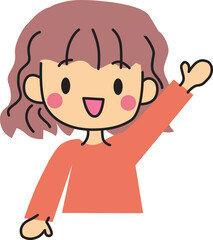 Illustration of a cute girl smiling and raising her hand. Colorful, simple, flat and orange. Vector illustration