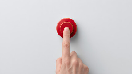 Finger pressing red button on white background