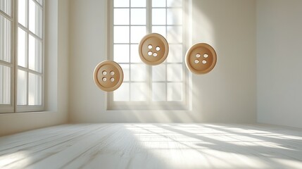 Empty room with floating buttons, sunlight through large windows