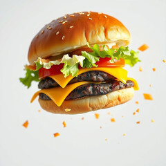 Double Cheeseburger with Lettuce and Tomato on White Background