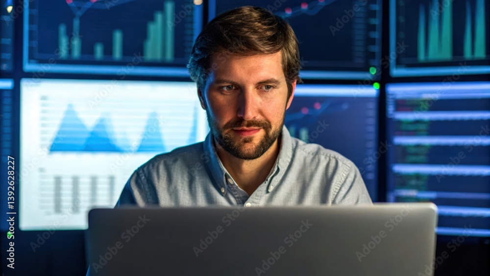 Poster a focused man analyzes financial data on a laptop, surrounded by multiple screens displaying graphs 