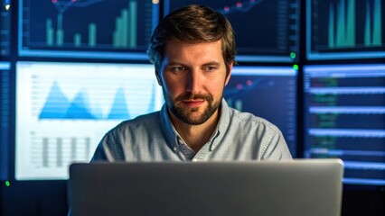 A focused man analyzes financial data on a laptop, surrounded by multiple screens displaying graphs and charts.