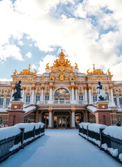 Obraz premium an image of a large building with a lot of snow on the ground, there is a large building with a golden roof and a gate