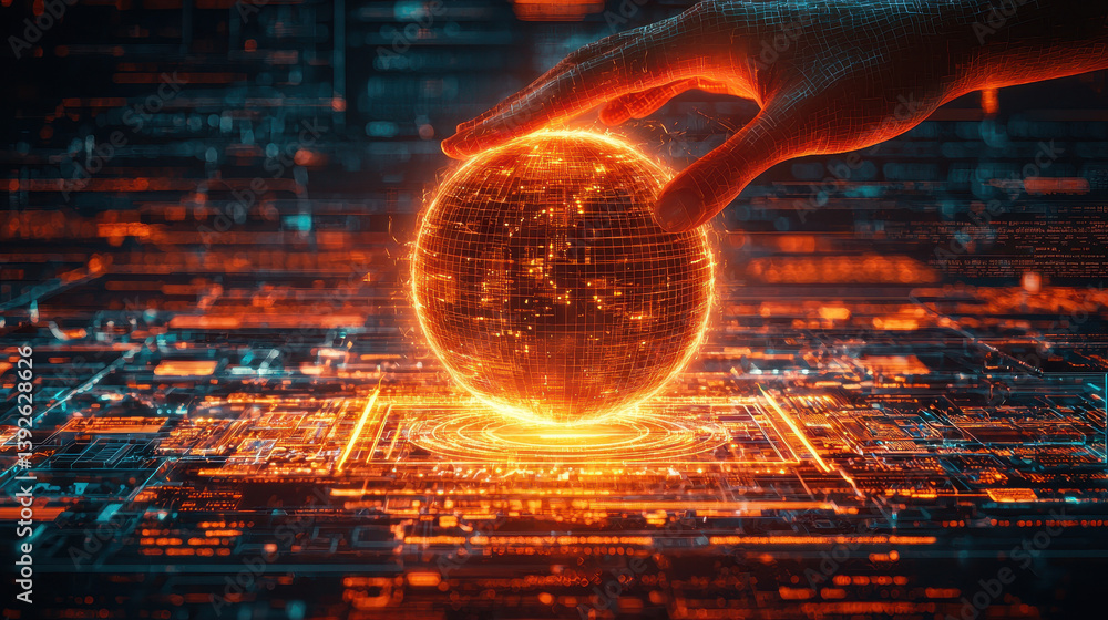Poster human hand reaching for glowing digital globe symbolizing global data security with firewalls and pr