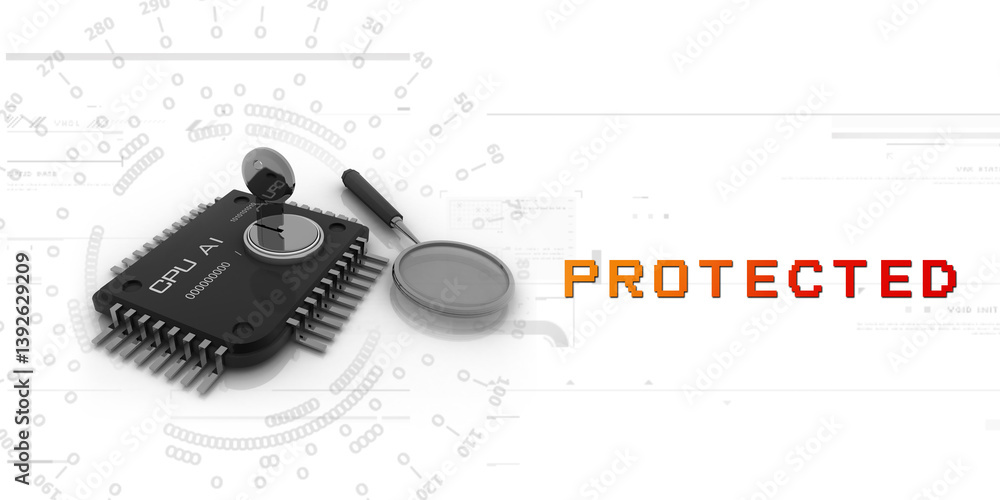 Poster 3d rendering key protected microchips near lens