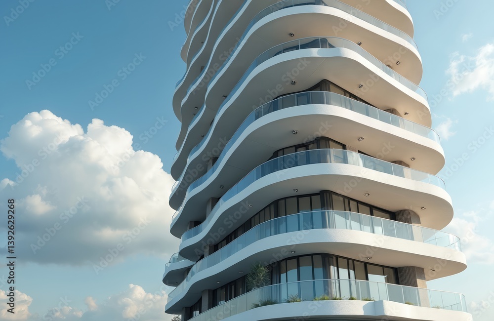 Poster High-rise building with multiple balconies. Modern architecture with unique wavy design. White color facade against blue sky. Residential apartments with glass balconies, metropolitan area. Real