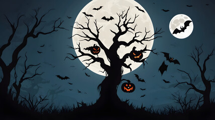 Halloween horizontal banner with vector logo. The inscription with ominous tree branches, bats a horror witch and devils on a background of the full moon.