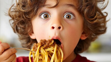 A joyful child enjoying a plate of spaghetti with meat sauce