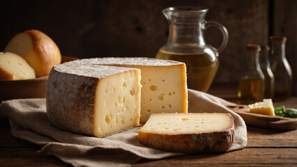 Mature cheese in a wooden rustic kitchen