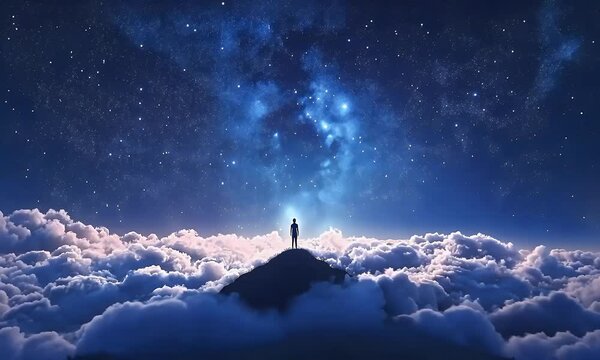 Silhouetted figure stands atop a mountain above a glowing cloudscape, gazing into a majestic, star-filled galactic night sky.