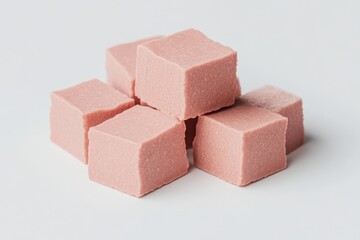Stack of light pink, square, sweet treats.  A close-up view of several cubes of a pale pink confection, arranged in a small stack, against a plain white background.