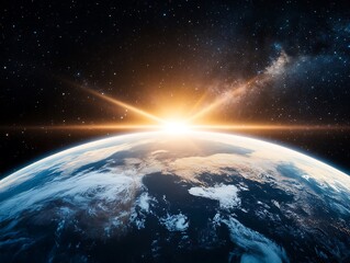 Fototapeta premium Earth surrounded by a vivid bright sun radiating light and illuminating the planet's surface