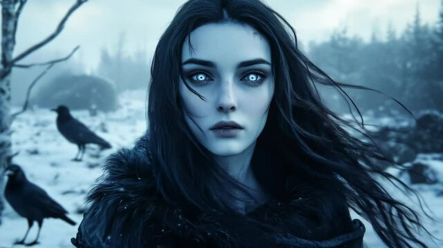 Morana the slavic goddess of winter and death in a chilling frozen wasteland of shadows

