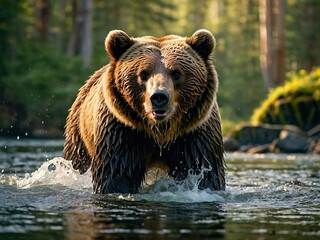 Obraz premium Majestic Grizzly Bear Wading Through Sunlit River Towards Camera. A large, majestic Grizzly Bear (Ursus arctos horribilis) confidently wades through the cool water of a sunlit river
