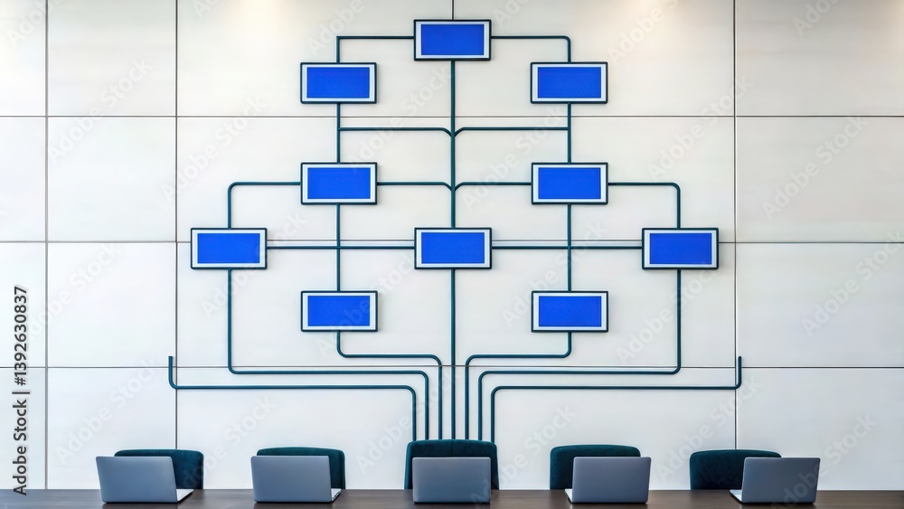 Poster a modern office space featuring a large wall display with multiple screens connected by cables, arra